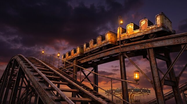Abandoned Roller Coaster in Spooky Halloween Amusement Park at Night