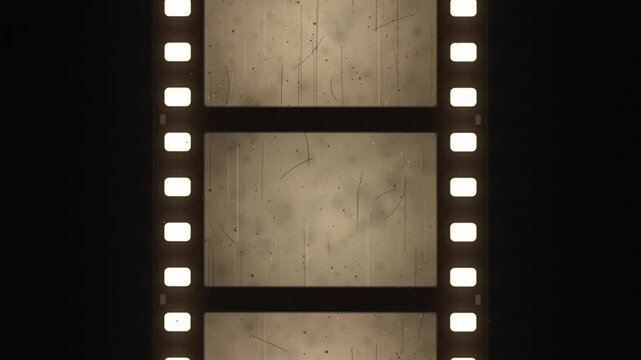 Vintage film strip with blank sepia frames, scratches and dust scrolling upward on black