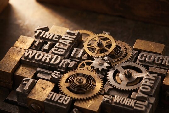 Vintage brass clock gears and spring mechanism nestled among worn metal letterpress type blocks in warm light