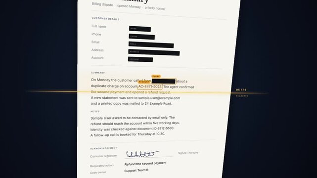 Scan line redacts personal data on a case summary document and a green shield confirms privacy protection
