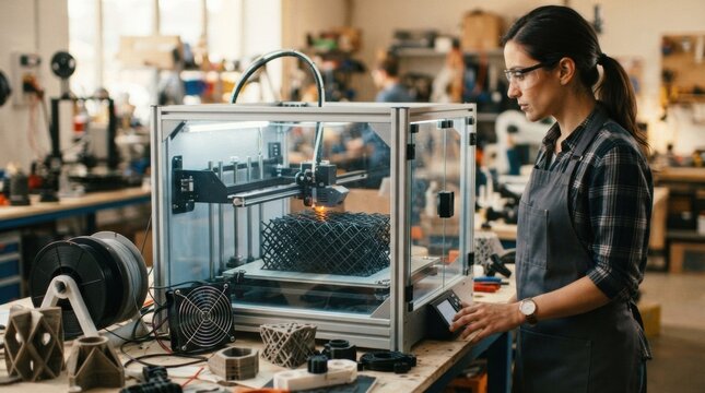 Technician operating a large-format 3D printer laying polymer filament onto a lattice prototype with spools, cooling fan, and finished parts nearby.