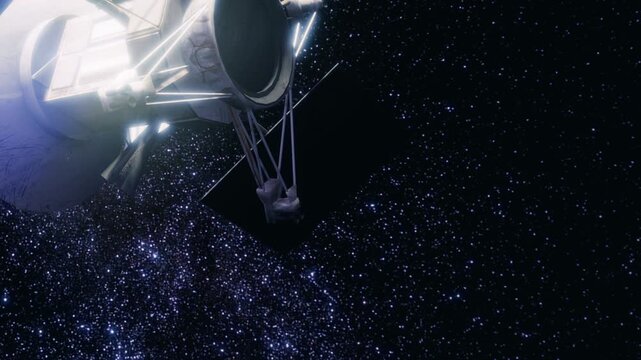 A sleek spacecraft glides through the vast universe, surrounded by countless stars. Its solar panels extend outward, drawing energy from distant suns as it embarks on an interstellar journey.