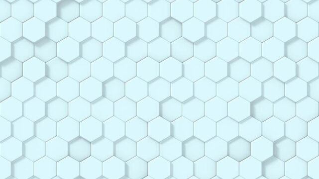 Hexagonal tiles shifting depth, minimalist pale blue geometric background in slow motion