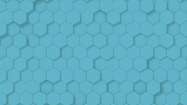 Blue hexagons shifting depth, abstract geometric background with moving 3D honeycomb pattern