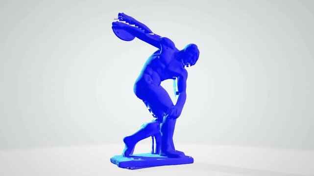 Blue Modern Sculpture of Discus Thrower on Plinth with Digital Glitch Effect