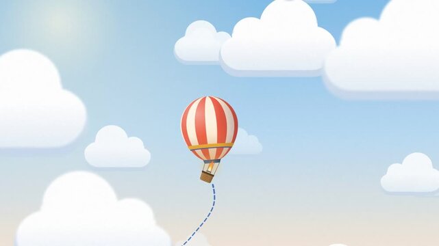 Hot air balloon flying up through cartoon clouds toward a location pin, dashed travel route in blue sky