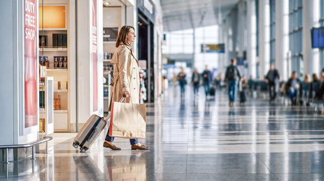 Woman with suitcase and shopping bag stands near duty-free shop in modern airport terminal