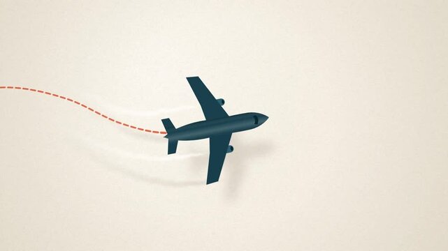 Airplane flight path animation, plane takes off from location pin leaving dashed route on beige background