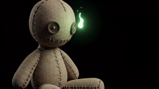 Eerie 4K Burlap Voodoo Doll with a Floating Green Spirit Flame Flickering against a Dark Cinematic Background