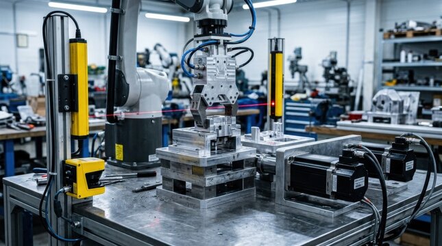 Industrial automation setup with safety light curtain, laser scanner, servo motors, robotic gripper, and stacked metal fixtures on a production bench.