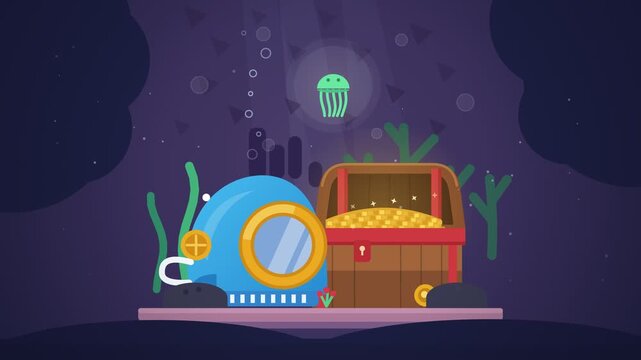 Flat Underwater Treasure Hunt Animation With Scuba Diving Helmet and Golden Coins For Exploration Concept Design Illustration Motion Graphics