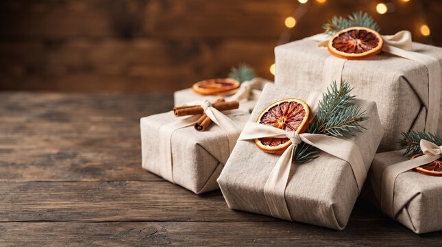 Christmas gift boxes wrapped in craft paper with dried orange slices and fir branches