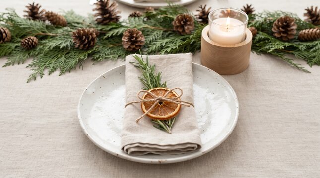 Festive Christmas table setting with pine cones and candle