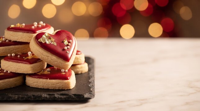 Heart shaped cookies with red glaze and gold leaf flakes on slate board
