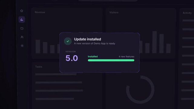 Software update animation, app dashboard installs version 5.0 with progress bar and reveals new features