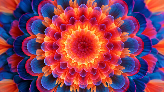 Vibrant mandala flower pattern with layered blue red and orange petals for textile wallpaper and colorful packaging design.
