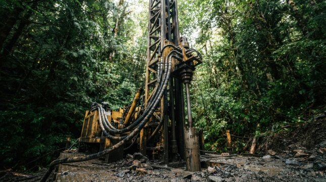 Steel drill rig mast and hydraulic hoses set against dense forest during mineral exploration