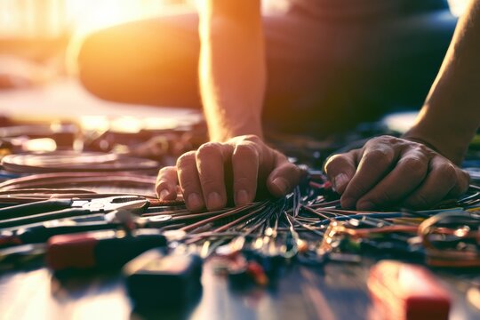 Professional electrician working on electrical wiring in a residential interior setting