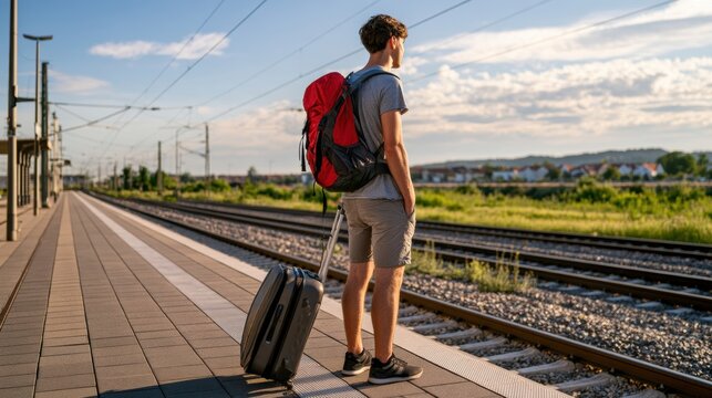 Traveler waits at railway platform for train in early morning sun