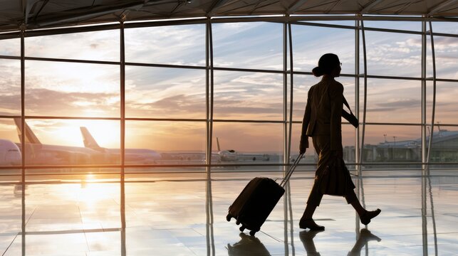 Single female traveler walks through modern airport terminal toward departure gates