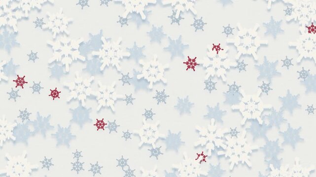 Cream paper cut snowflakes with red accents gently swaying and spinning, bright Christmas background loop
