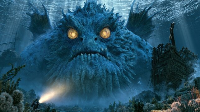Mysterious giant underwater creature near sunken shipwreck in deep ocean