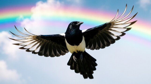 Black, white magpie flies with open wings against bright rainbow in sky. Avian wildlife bird soars through colorful clouds. Nature background shows beautiful spectrum, feathered plumage in mid air