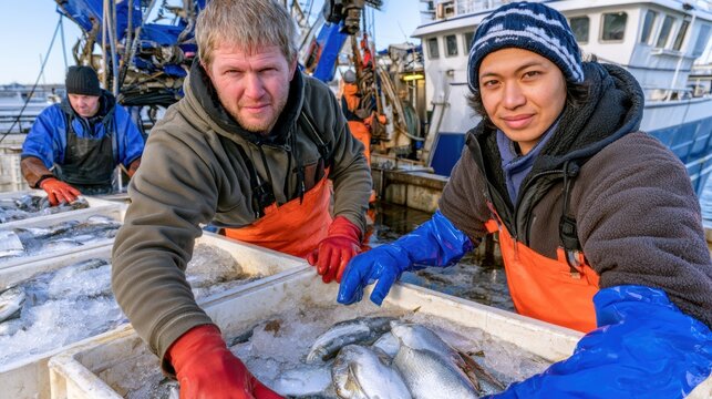 Commercial fishermen unload fresh fish at industrial harbor during cold morning