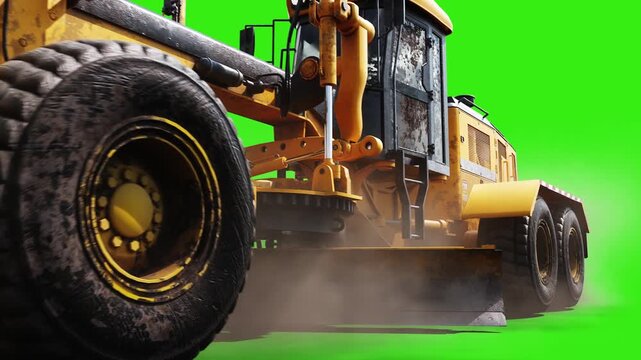 Heavy Road Grader Driving on Green Screen with Animated Wheels and Dust, Construction Machinery and Roadwork Equipment.