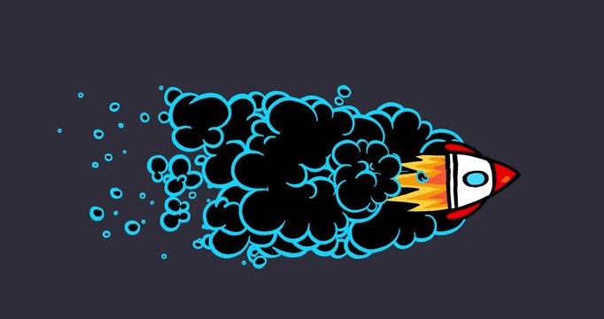 Rocket with dark trail flying cartoon animation seamless loop isolated. Dynamic business doodle or children animation style with smoke comic effect. Good for any space project. 