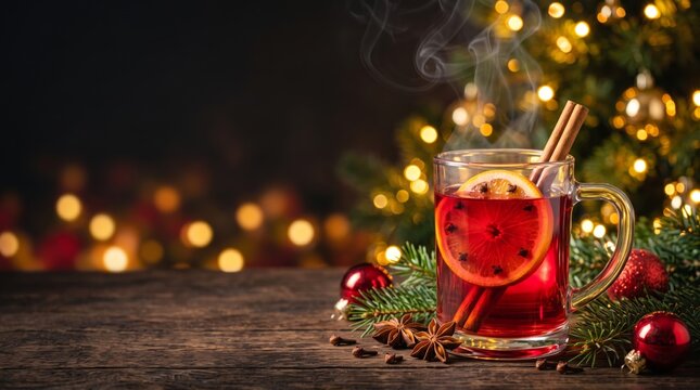 Hot mulled wine mug with cinnamon and orange slice on wooden table with Christmas tree lights