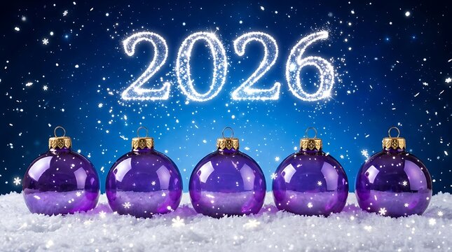 Five purple christmas ornaments in snow with glowing 2026 text