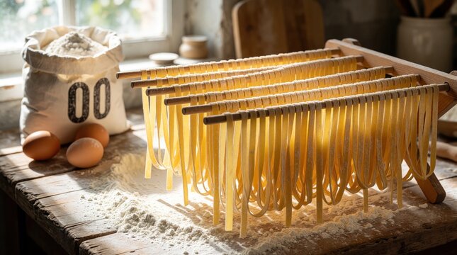 Fresh handmade fettuccine pasta dries on wooden rack in bright kitchen. Bag of 00 flour, raw eggs sit on rustic table. Italian cooking process shows traditional culinary ingredients for delicious