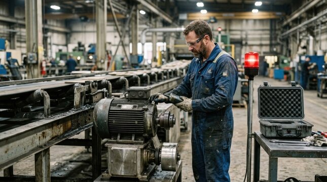 Maintenance engineer checking an electric motor with vibration sensor beside a conveyor and gearbox in a factory