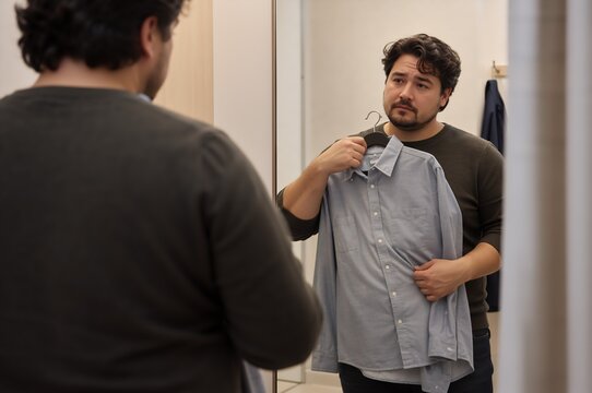 Man comparing his body in a mirror while trying on a shirt. Body image concerns and weight stigma. Eating disorder, stress and self-esteem concept. Clothing size and personal wellness