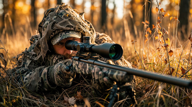 Male hunter in camo clothing aims sniper rifle with scope in autumn forest. Man uses precision weapon for hunting wild animal. Sharpshooter looks through lens lying on dry grass during outdoor sport