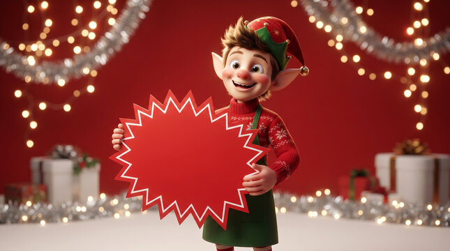 Cute Christmas Elf Holding Blank Red Starburst Banner for Promo Sign   Palavras-chave (Keywords):
christmas elf, elf, 3d character, 3d illustration, cartoon elf, elf hat, pointed ears, red sweater, gr
