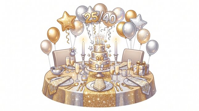 Elegant 25th or 40th Birthday Celebration Table Setting with Cake Balloons and Champagne