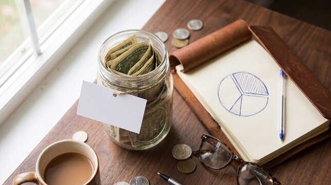 Glass jar of savings with blank tag, coins, hand-drawn pie chart in leather notebook, glasses and coffee on wooden desk