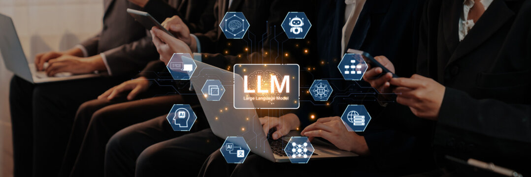 Large Language Model LLM processing data. Represents deep text learning, natural language processing NLP AI tech, transformer architecture, and generative AI deep learning future technology. Corpus