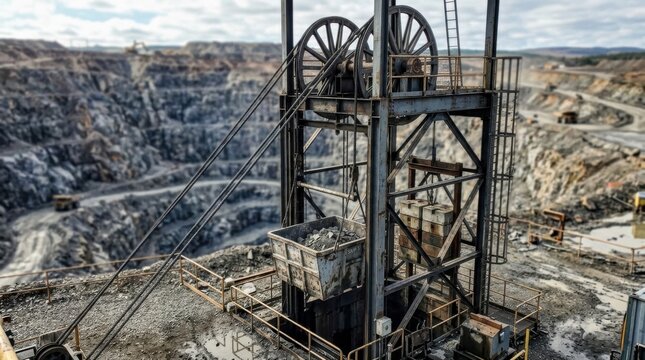 Mining headframe with ore skip, counterweight blocks, sheave wheels, and wire ropes above a rocky pit