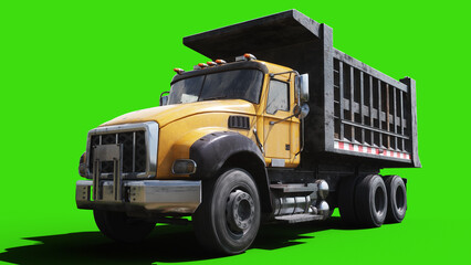 Heavy Dusty Construction Dump Truck Driving on Green Screen, Animated Wheels and Movement, Industrial Transport Vehicle. 3d rendering © 3D motion