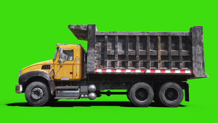 Heavy Dusty Construction Dump Truck Driving on Green Screen, Animated Wheels and Movement, Industrial Transport Vehicle. 3d rendering © 3D motion