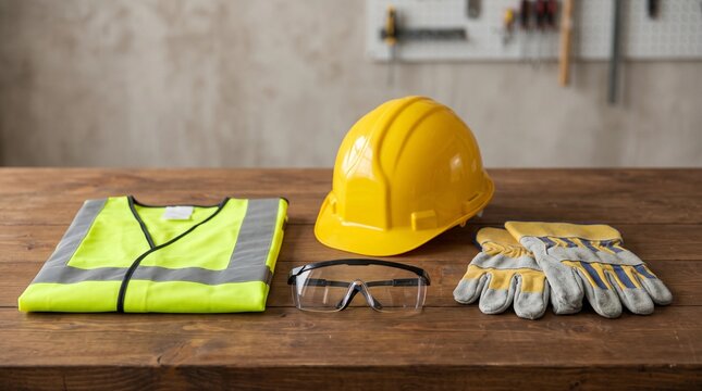 Standard personal protective equipment with hard hat, safety vest, goggles, and gloves on a wooden workbench.