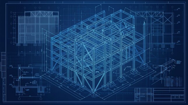 Architectural Blueprint of a Steel Frame Building Structure with Technical Drawings