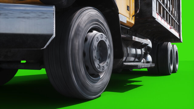 Heavy Dusty Construction Dump Truck Driving on Green Screen, Animated Wheels and Movement, Industrial Transport Vehicle. 3d rendering