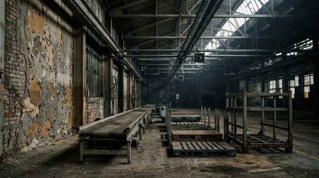 Electric vehicle factory interior with dormant conveyor, battery module rack, empty pallet bays, cable trays, and peeling painted walls