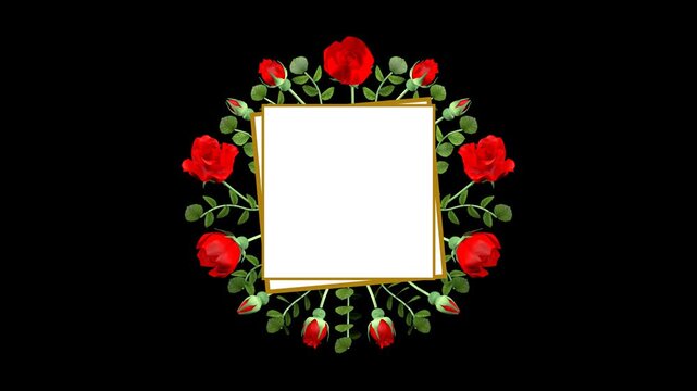Rectangular Blank Center with Growing Red Roses Forming an Ornamental Floral Border, Alpha Channel
