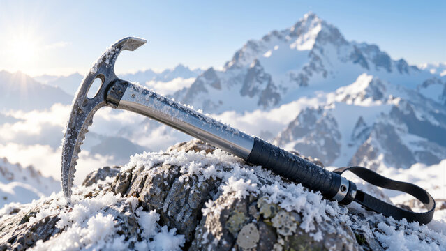 Mountaineering ice axe resting on a frost-covered rock on a mountain summit with snowy alpine peaks in the background