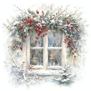 Watercolor Winter Berry Garland Draped Over A Frosty Window